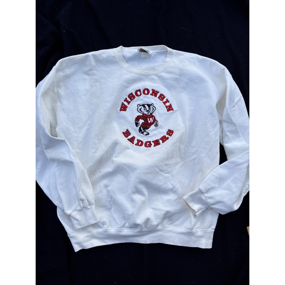 Vintage Wisconsin Badgers Sweatshirt XL White Somers USA Embroidered Cotton Poly